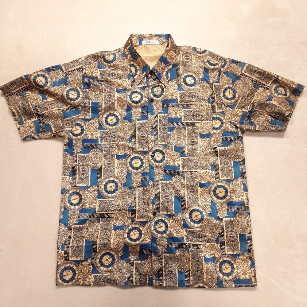 Thai Silk Mens SS Button Shirt L Blue Tan Baroque Clock Scarf Pattern